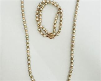 14k gold natural grey pearl necklace and bracelet set