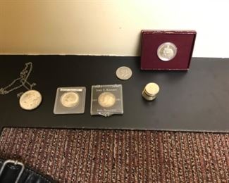 1922 Liberty silver dollar, 2 1964 Kennedy half dollars, 7 English pounds, commemorative silver & 1974 Kennedy half dollar