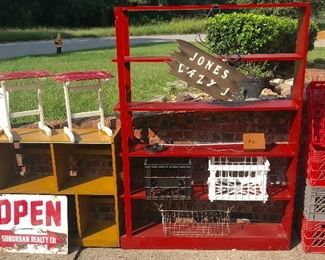 2 Antique wood shelves great shape, 2 Vintage ornate benches, wire/Hard plastic milk crates, Metal detector, various Metal/Wood signs
