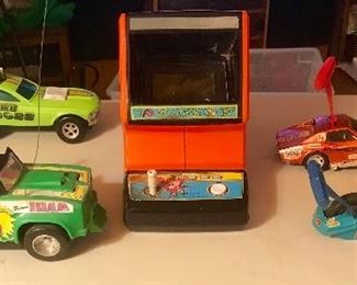 Left Front : 1979 AHI Marvel Hulk 4x4 Power Command Truck. Left back: circa 1972 Hasbro The Boss Mustang stick shifter, Center: Nintendo 1983 Donkey Kong Jr No 2398. Right: 1970s Kenner SSP  Rip cord toys , have 3 Eliminator, Blaze bike, corvette...............