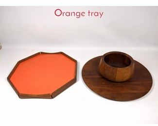 Lot 1477 3pc teak lot bowl, tray, Orange tray