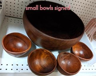 Lot 1527 Teak Salad set. Large and 4 small bowls signed