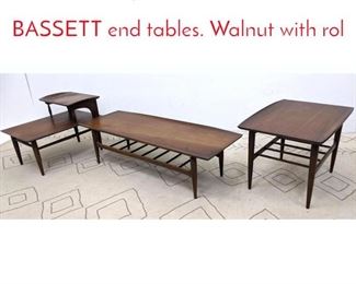 Lot 1190 3pc American Modern BASSETT end tables. Walnut with rol