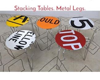 Lot 1226 5pc Set J GREGSON Sign Stacking Tables. Metal Legs. 