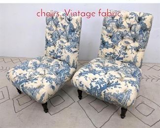 Lot 1331 Pair of Tufted low slipper chairs. Vintage fabric.