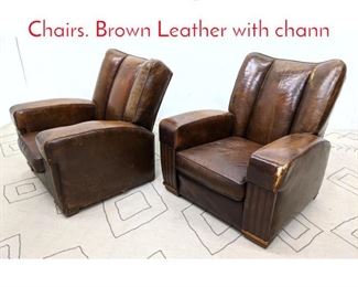 Lot 1378 Pr Vintage French Club Chairs. Brown Leather with chann