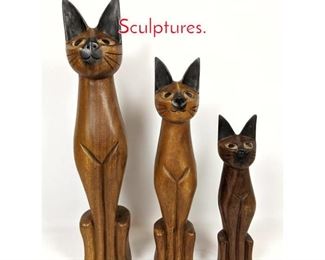 Lot 1436 set3 Carved Wood Cat Sculptures. 