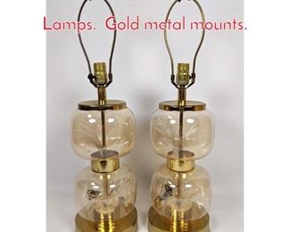 Lot 1437 Pair Glass and Fiber Table Lamps. Gold metal mounts. 