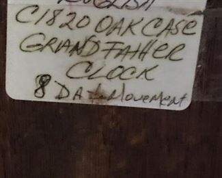 English C1820 Oak Case Grandfather Clock 8 day movement