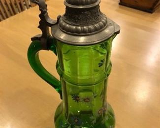 DEPRESSION GLASS STEIN WITH HAND PAINTED FLORAL DESIGN