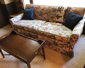 BLUE & BEIGE, FLORAL SLEEPER SOFA, and TRAY TABLE COFFEE TABLE