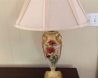 FLORAL, HAND PAINTED, ANTIQUE LAMP WITH GOLD BASE & TRIM