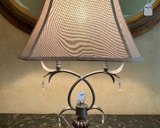 $80-Stylish accent  lamp featuring a metal base with crystal adornments. Measures 29”h. Shade is 18”w. Excellent condition. 