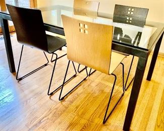 Room & Board 60L x 36W x 29H Glass Top
Table & 4 Room & Board Modern Chairs $495 for Complete Set 
Table only $150;  chairs only $$399