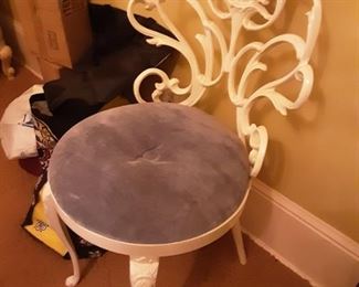Vanity Chair - Painted white, wrought iron, blue cushion
