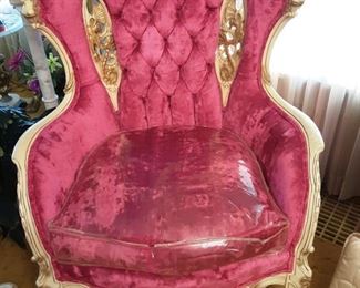 Italian Carved Wood Red Velvet Chair 