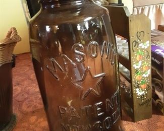Vintage Amber Glass LARGE MASON JAR with Lid