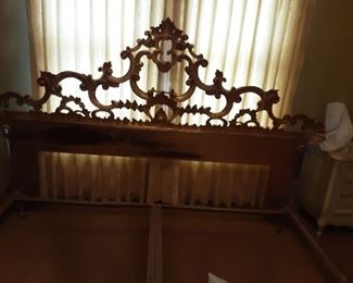 Vintage solid wrought iron elaborate headboard. Painted gold. Bed frame included.