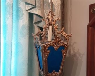 Brass & Blue Glass Hanging Ceiling Lamp.