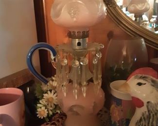 Pink Glass with Crystal Prism Electric Hurricane Lamps