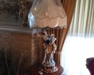 Young Girl Capodimonte Table Lamp with Fringe Satin Shade - Inlay and Carved Wood Table