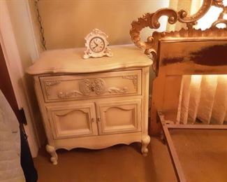 Antique White Side Cabinet / Table, Clock, (View of bed head board - painted gold)