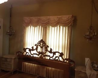 Wrought Iron Head Board and Bed Frame, Side Table/Cabinets, Chandeliers 