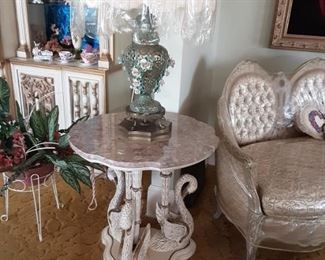 Pink Marble Top Side Table with Carved Swans Base