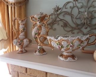 Large Capodimonte Decorative Pieces - Vase, Pitcher  & Fruit Compote