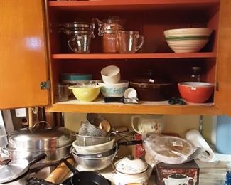More Pots & Pans, Assorted Strainers, Pyrex Mixing Bowls, Kitchen Wares