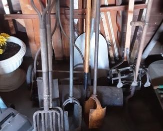 Assorted Vintage Tools - Pitch Forks, Shovels, Pole Diggers, Push Lawn Mowers