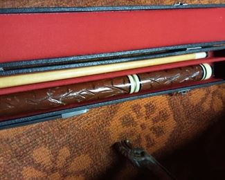 Vintage Carved Wood Pool Stick with Case