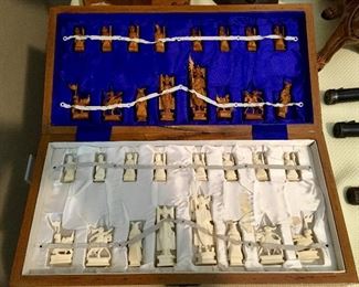 Vintage Polymere Ivory & Dark Mahogany Chess Set - Hand carved