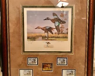 1989 Governors Edition Federal Duck Stamp. Signed and number print by artist David Noll, gold plated medallion, color remarque, resident and non resident mint stamp, and 2 special edition Governors Edition stamps. Edition size 330, also signed by Governor Buddy Roemer. 