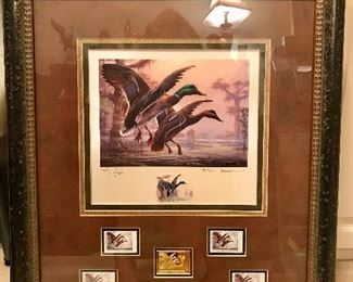 1998 Governors Edition Federal Duck Stamp. Signed and number print by artist R.C. Davis, gold plated medallion, color remarque, resident and non resident mint stamp, and 2 special edition Governors Edition stamps. Edition size 120, also signed by Governor Mike Foster. 