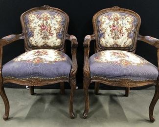 Pr Antique Needlepoint Upholstered Bergere Chairs