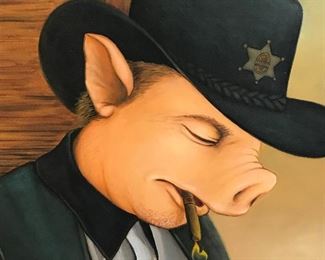 Signed Oil on Canvas Anthropomorphic Pig