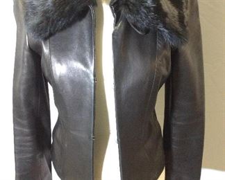 DKNY BLK LEATHER Jacket, Rabbit Fur Collar