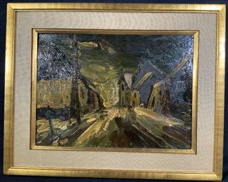 Signed Village Oil Painting