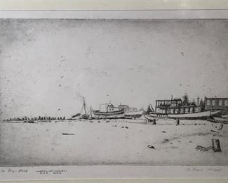 Signed Dry Point Etching Docks