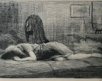 Signed Etching, woman on bed