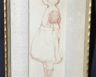 Signed Pencil Drawing of Young Girl