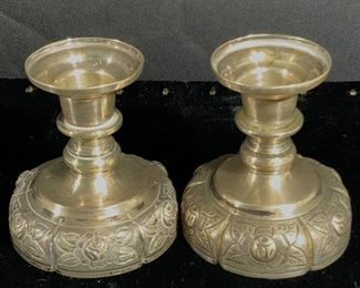 Pair Sterling Silver Repoussé Candle Holders, Mex