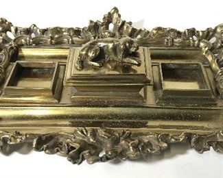 Vintage Gold Toned Brass Inkwell W Dog Figural