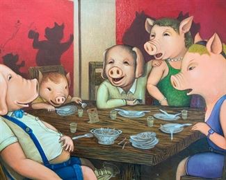Signed Pig Family Oil Painting