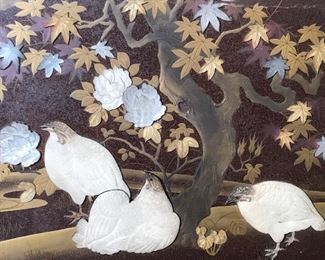 Antique Mother of Pearl Inlay Birds on Wood Panel