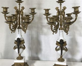 Pair Bronze & Marble Lion Footed Candelabra