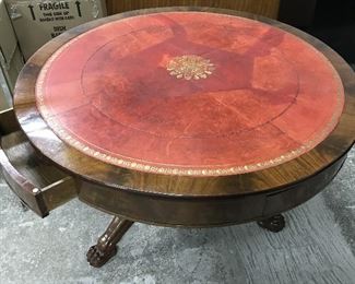 Antique Leather Topped Pedestal Dinner Table