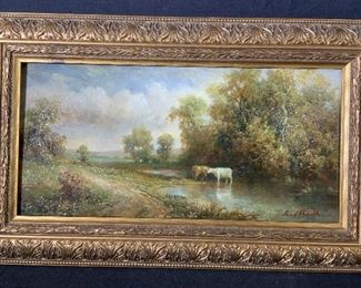R Russell Signed Cow Scene Oil Painting