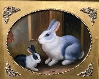 Oil on Canvas Rabbits in Gilt Wood Frame